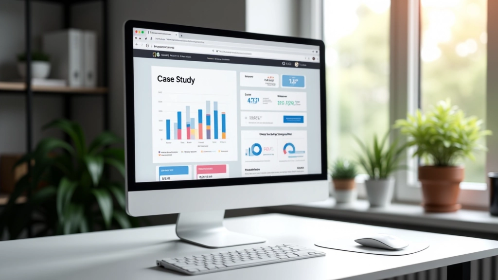 Scherm met case study voorbeeld van webdesign project met voor en na afbeeldingen en statistieken