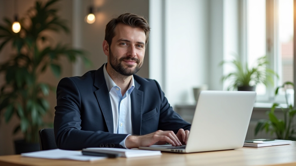 Freelance webdesigner werkend aan laptop met design tools in modern kantoor