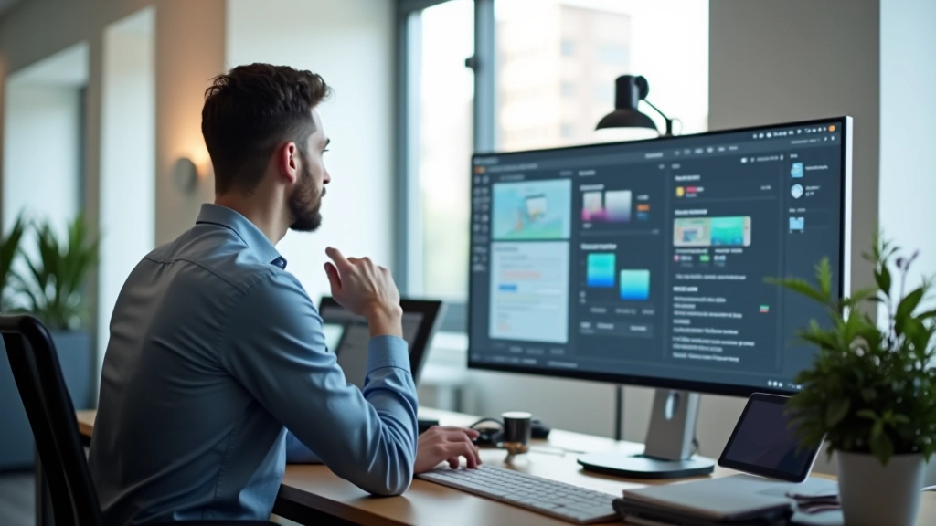 Designer presenteert portfolio werk op grote monitor in professioneel kantoor omgeving