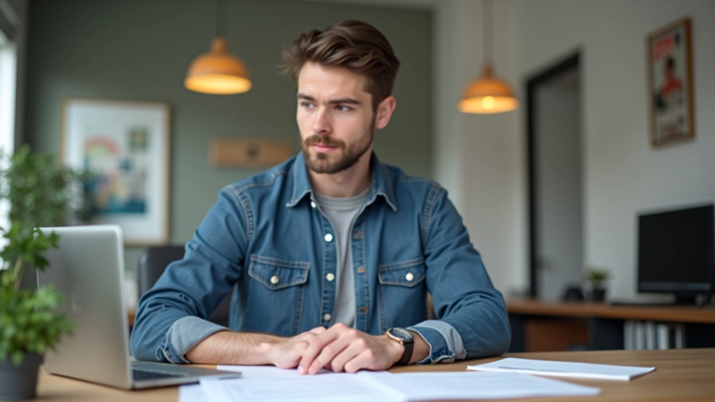 Freelancer webdesigner aan bureau met administratie en boekhouding materialen, laptop en notities