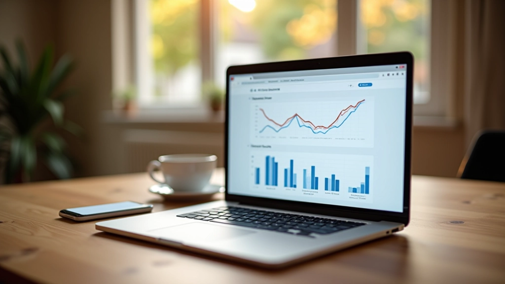 Laptop scherm met Google Analytics dashboard, webdesigner analyseert website statistieken, moderne werkplek met kopje koffie
