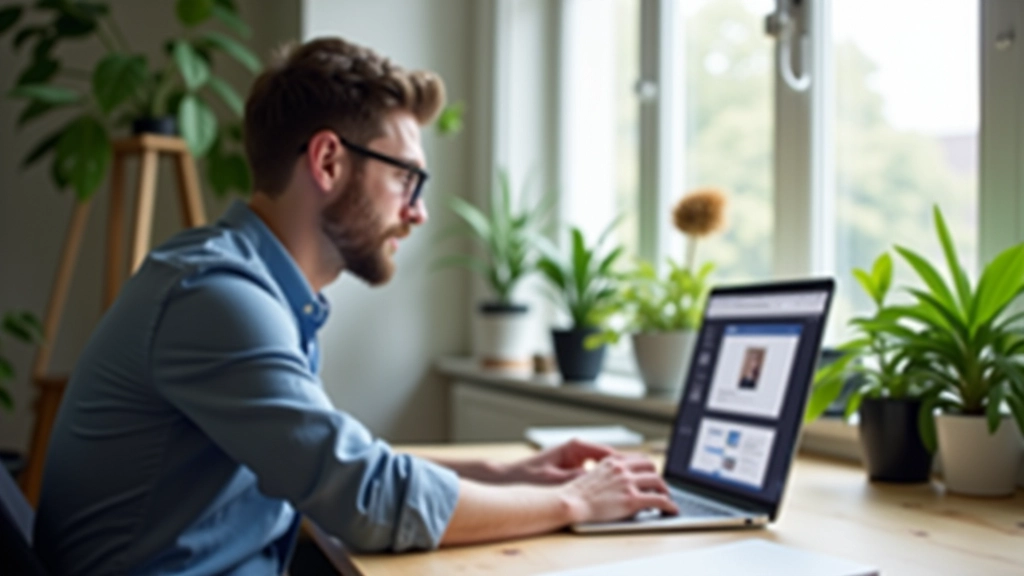 Webdesigner werkt aan portfolio website met voorbeeldprojecten en designwerk op het scherm