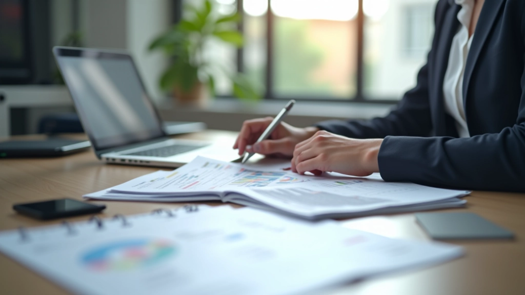 Financiële planning en berekening van inkomstenbelasting met grafieken op computerscherm en notitieboek